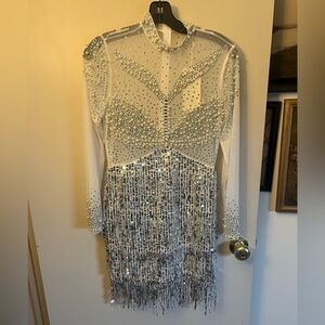 White long-sleeved sequin and pearl rhinestone mesh mini dress.